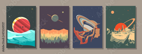 See Universe! Retro Style Space Posters, Extraterrestrial Landscapes, Alien Planets and Stars, Mountains, Sands, Rocks and Forests