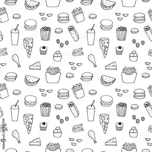 Fast food seamless pattern vector illustration, hand drawing doodles