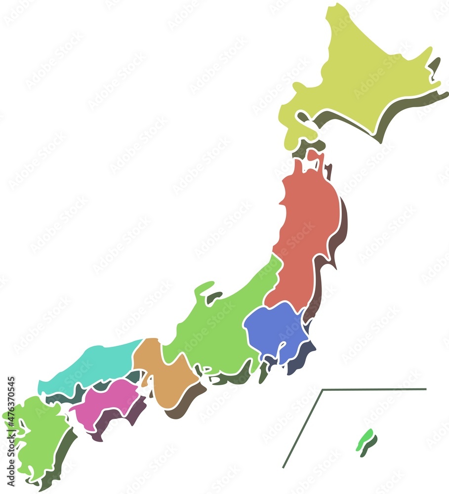 地方ごとに色分けされたカラフルな日本列島のイラスト Stock Vector Adobe Stock