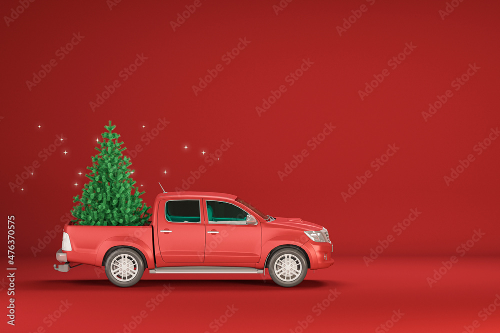 Red truck carrying pine tree with sparkling lights on red background. Trendy 3d render for social media banners, promotion, christmas.
