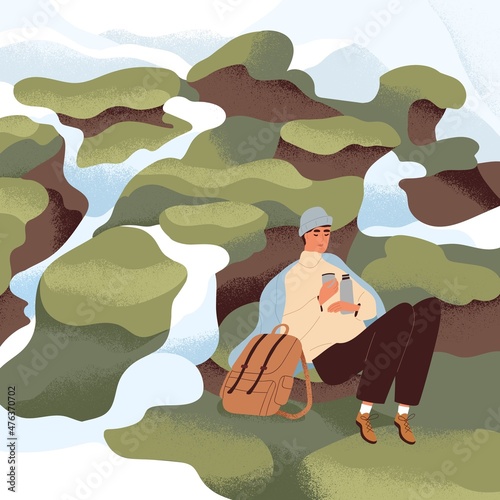 Calm landscape with hiker resting in solitude in nature after hiking. Person ...