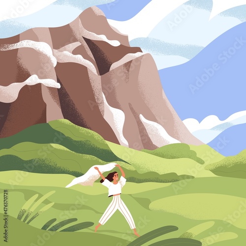 Happy woman running in solitude in nature. Person walking outdoors with summer wind. Landscape with female in field with mountain cliff. Serenity and inspiration concept. Flat vector illustration