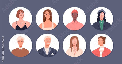 Happy people avatars set. Young and senior men and women head portraits in circle for user profiles. Diverse modern male and female characters faces with smiles. Colored flat vector illustration