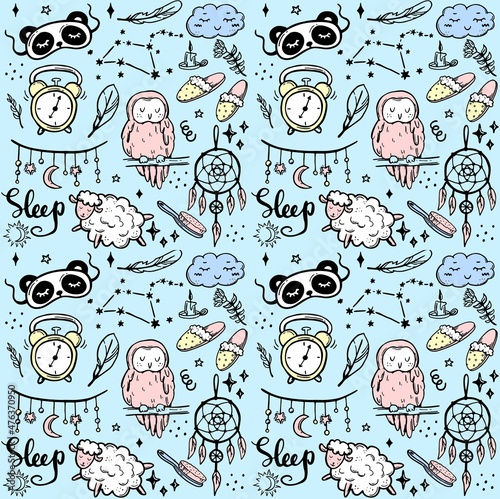 Vector seamless pattern with masks for sleep, good night, lettering quote, stars and sweet dreams phrase. Owl, alarm clock, dreamcatcher. Cartoon background, texture.