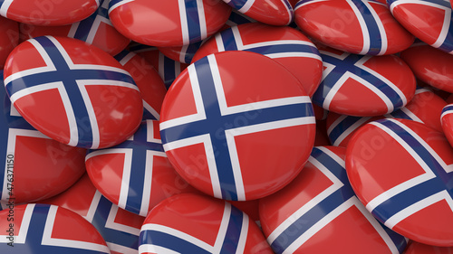 3d rendering of a lot of badges with the Norwegian flag in a close up view