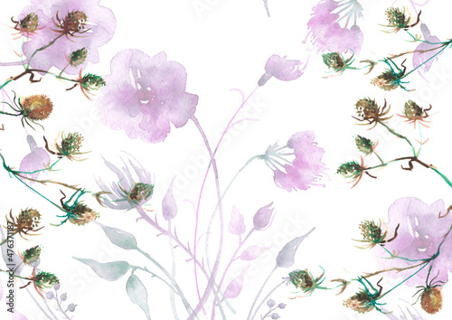 Greater burdock watercolor illustration. Vintage wild grass, flowers, plants. Stylish fashionable card, background, pattern. Watercolor paint splash. Frame. Watercolor card, invitation, label.thistle 