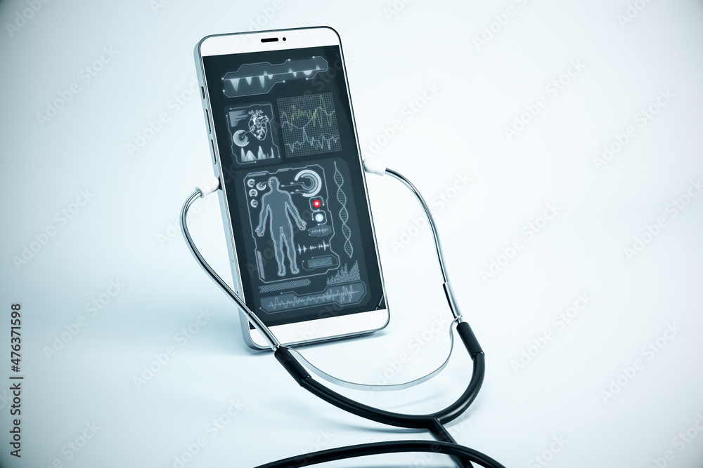 Close up of smartphone with stethoscope and medical screen. Healthcare and online medicine concept. 3D Rendering. Close up of smartphone with stethoscope and medical screen. Healthcare and online medicine concept. 3D Rendering.