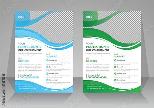 Modern Hospital Healthcare a4 size flyer template for advertising Medical service, clinic service, blue and green curve style creative poster.