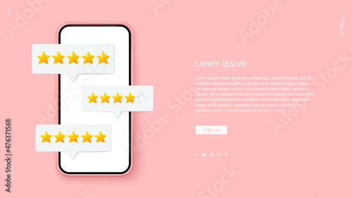 Smartphone with customer feedback. Stars customer review 3d vector. Website or application quality service client feedback. Speech bubble, text message, social media comment.
