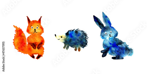 Watercolor painting set of animals squirrel, hedgehog, hare. Abstract baby funny blots animals. Wild animals in their natural habitat. Isolated on white background. hand-drawn.
