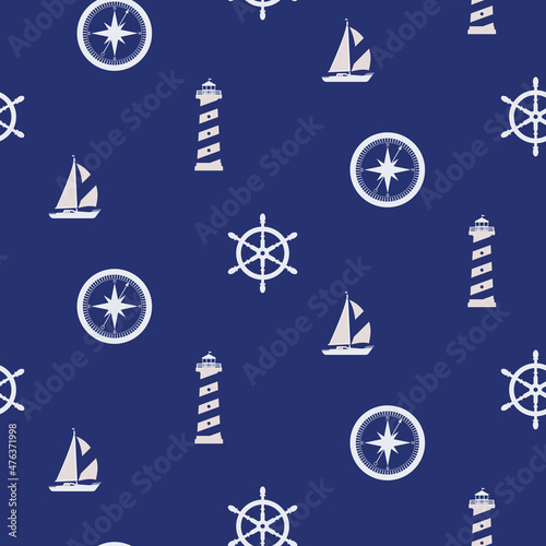Seamless marine pattern. Lighthouse, sailboat, compass and steering wheel on a blue background. Color vector illustration. EPS10