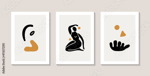 Matisse style. Set of three abstract posters with female silhouettes and abstract corals.