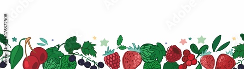 Horizontal decorative ornament of forest, garden summer berries isolated on white. Banner concept about the harvest of plants for the decoration of invitations, postcards. Cartoon vctor illustration.