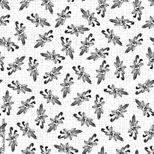 Vector white vanilla flowers and pods scattered seamless pattern 09. Suitable for textile, cafe menu design and wallpaper projects.