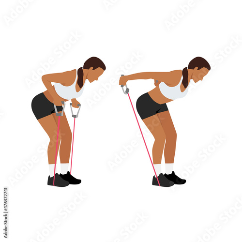 Woman doing Tricep kickbacks resistance band exercise. Flat vector illustration isolated on white background