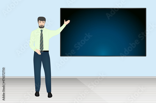 Man showing a blank tv monitor screen on the wall, vector illustration
