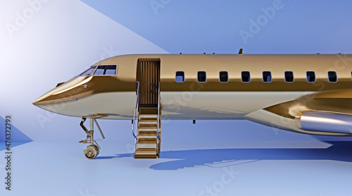 golden private jet with open staircase entrance