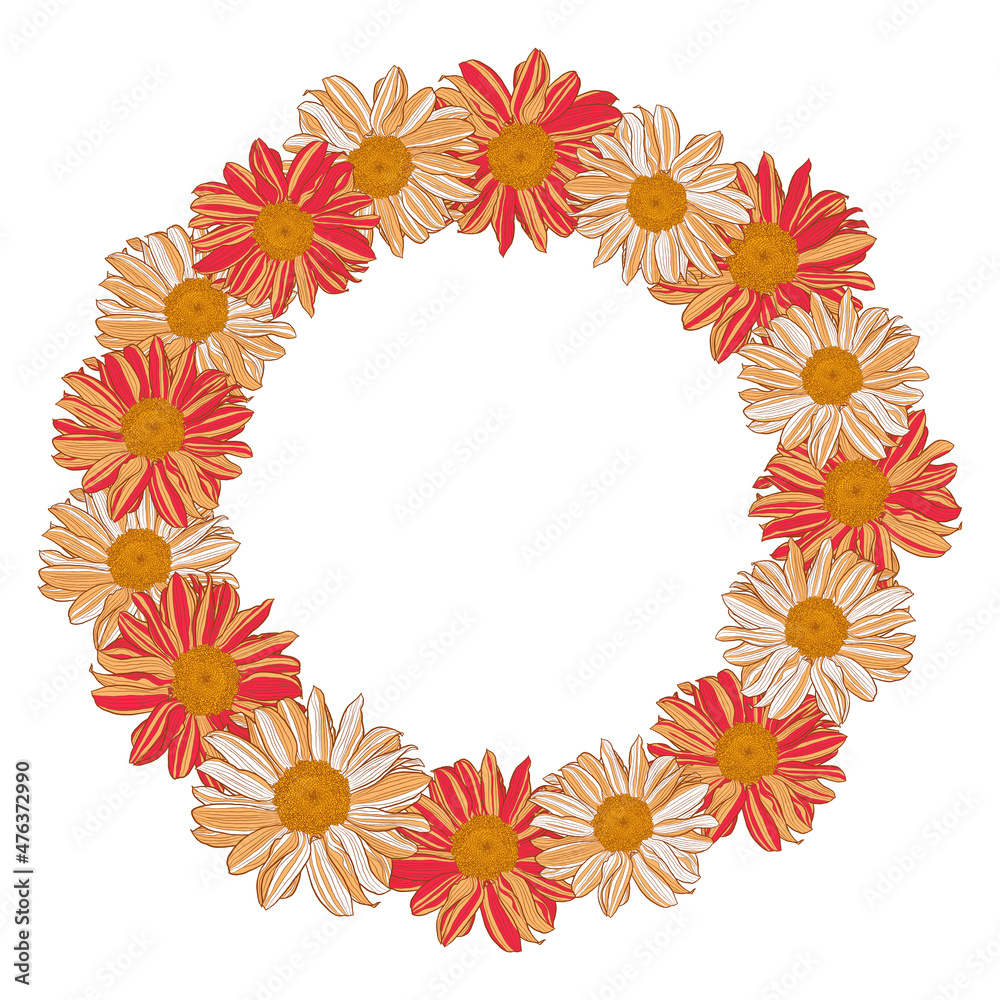 Decorative floral frame of red-orange-beige daisies on white background, can be used for greeting cards, postcards, banners. Vector illustration. Decorative floral frame of red-orange-beige daisies on white background, can be used for greeting cards, postcards, banners. Vector illustration.