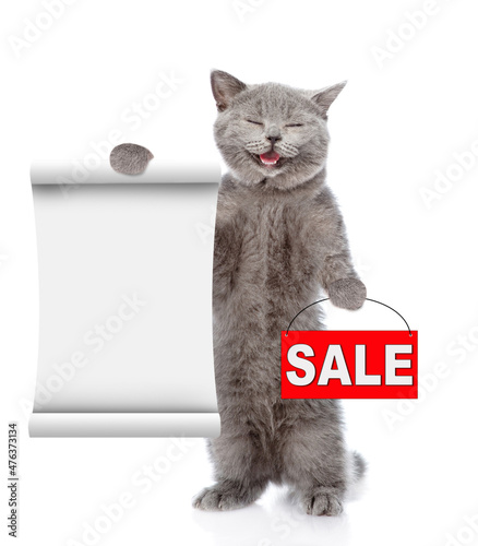 Happy cat shows sales symbol and empty list. isolated on white background