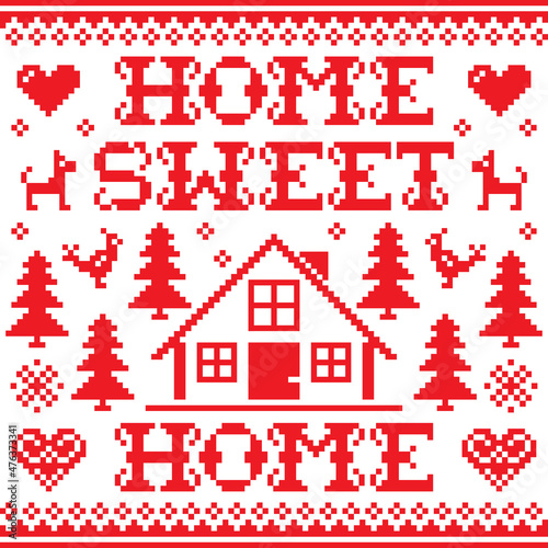 Home sweet home vector red cross-stitch winter or Christmas seamless pattern - Scandinavian design with home, trees, birds and dogs 
