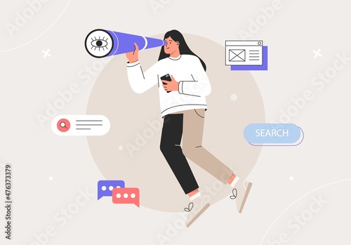 Young woman looking through spy glass. Business metaphore for search or research, development, web surfing and looking for new business or career opportunities. Flat style vector illustration.