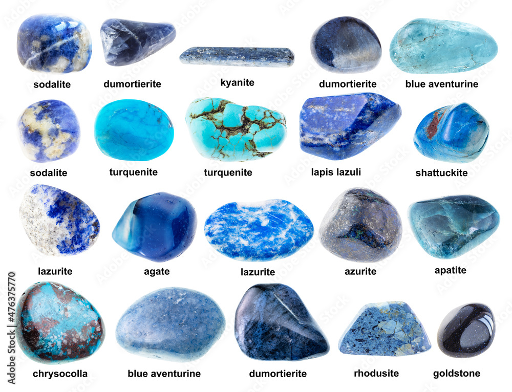 set of various tumbled blue stones with names Stock Photo