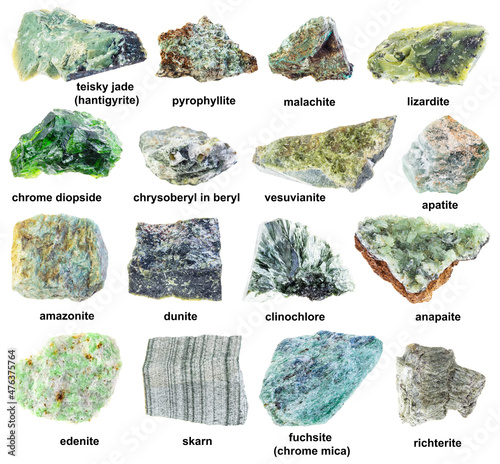 set of various unpolished green rocks with names photo