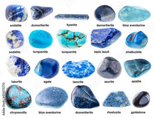 set of various tumbled blue stones with names