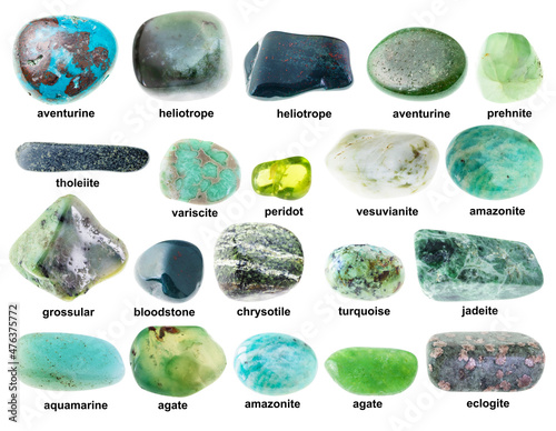 set of various tumbled green rocks with names