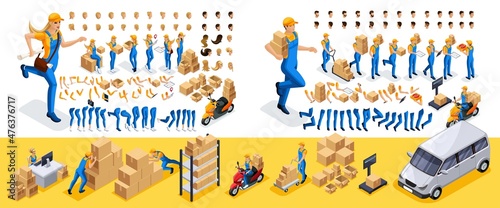 Isometric Create your character, courier, girl and guy from the delivery service. Set of gestures of hands, feet, emotions of the character, a set of different 5