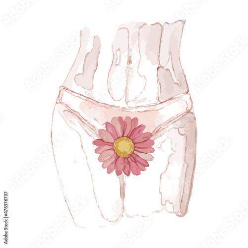 Watercolor Vector Woman in white panties with red flower in bikini zone, close-up. Gynecology, menstruation, the concept of genital health. Concept of menstruation, women's health. photo