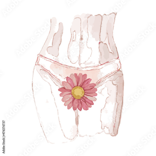 Watercolor Vector Woman in white panties with red flower in bikini zone, close-up. Gynecology, menstruation, the concept of genital health. Concept of menstruation, women's health.