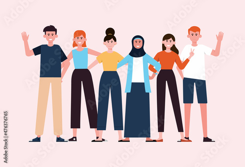 Group portrait of smiling teenage boys and girls or school friends standing together, embracing each other, waving hands. Happy students, Flat cartoon vector illustration.