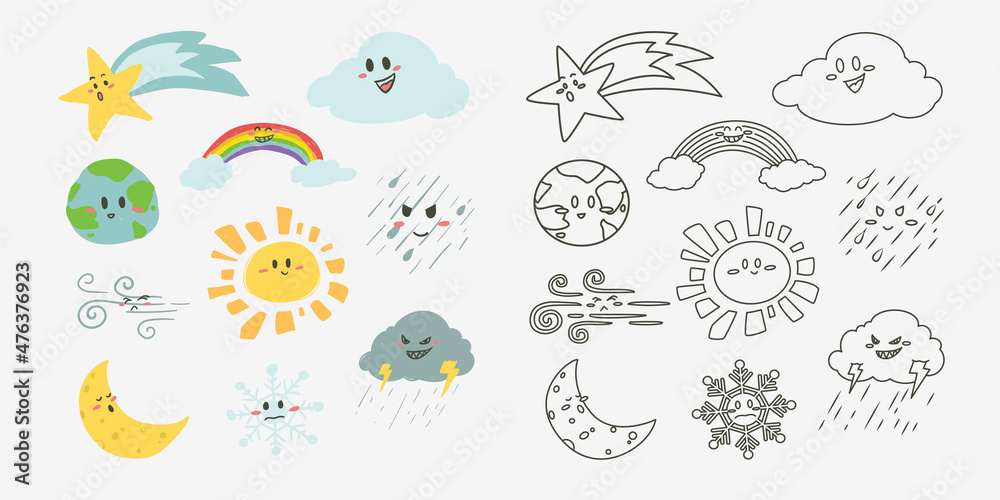 Sky objects doodle cartoon character for kid coloring book illustration design