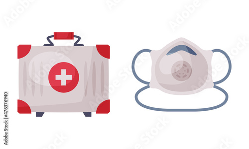 First Aid Box with Cross Sign and Respirator Face Mask Vector Set