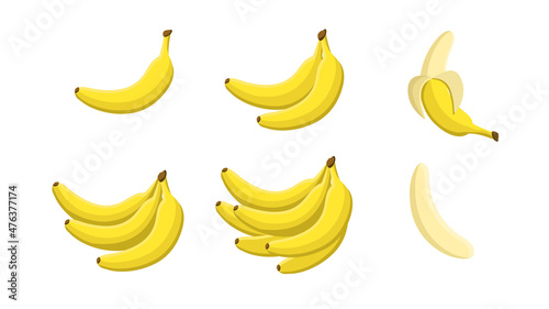 Set of with different quantity of bananas white background. Vector tropical fruit, peel and bunch banana in cartoon style.