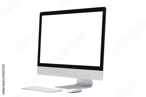 Computer with blank screen and keypad , mouse, isolated with clipping path on white background.