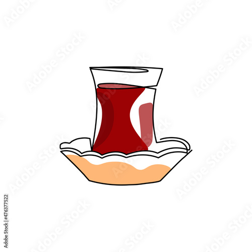 Traditional Turkish tea. Vector one linear continuous art with text Turkish style. Isolated elements for banner, logo or social media.