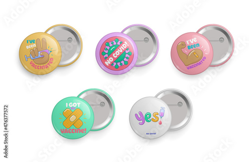Set of pin buttons for people who have been vaccinated. Immunization campaign, coronavirus control round metallic glossy 3d pin badges realistic vector illustration isolated on white