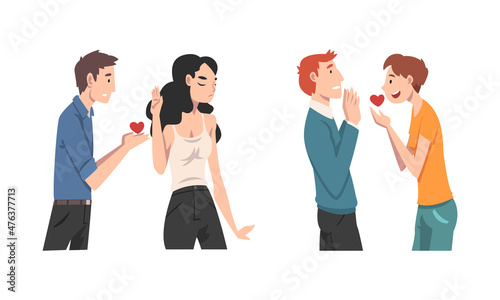Man and Woman Experiencing Unrequited Love Feeling Vector Set