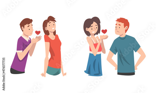 Man and Woman Experiencing Unrequited Love Feeling Vector Set