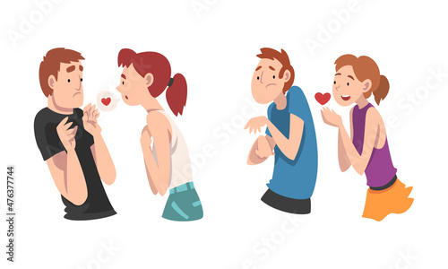 Woman Experiencing Unrequited Love Feeling Giving Heart to Man Vector Set