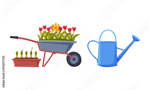 Foto Watering Can and Wheelbarrow with Flowers as Garden Tools Vector Set