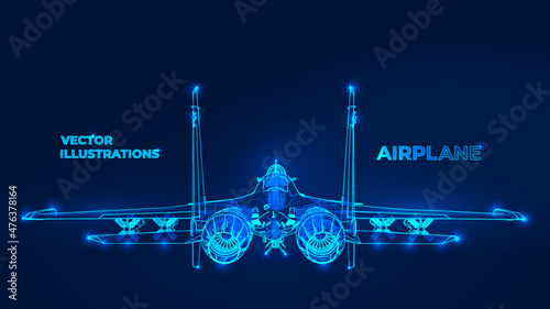 Polygonal 3d airplane in dark blue background. Online logistic, transportation service. Abstract vector rendering illustration.