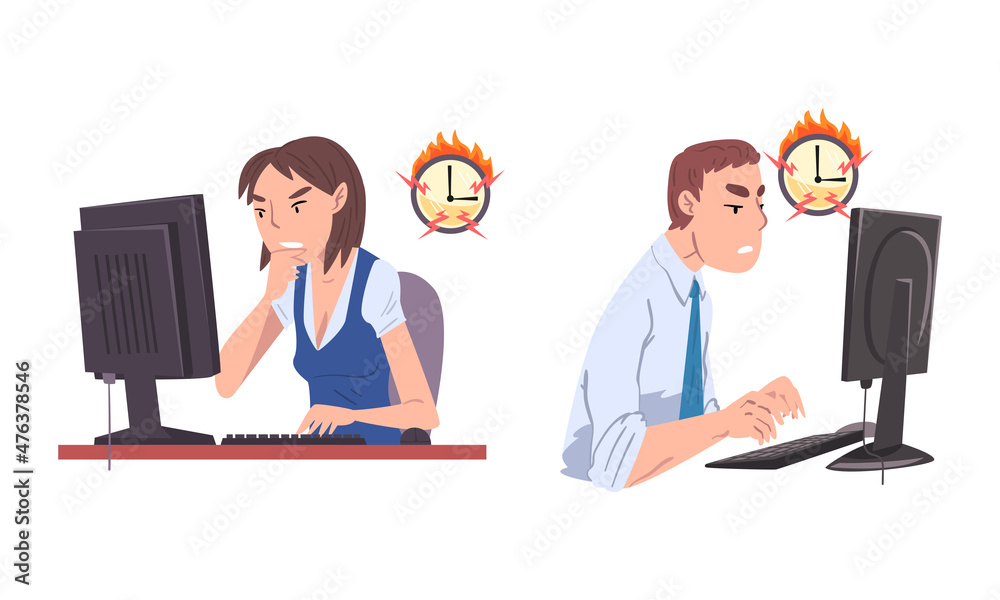 Man and Woman Office Worker Failed with Deadline Staying Late at Workplace and Burning Clock Vector Set Man and Woman Office Worker Failed with Deadline Staying Late at Workplace and Burning Clock Vector Set