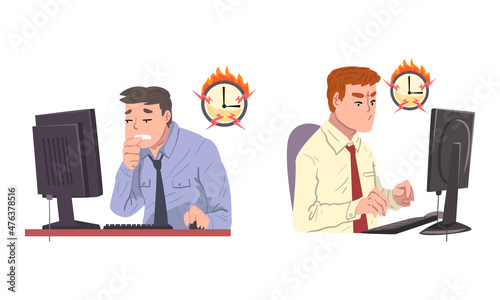 Man Office Worker Failed with Deadline Staying Late at Workplace and Burning Clock Vector Set