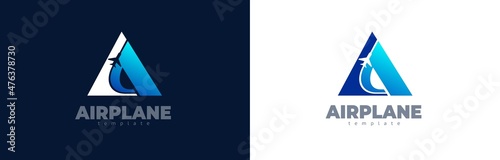  Letter A Airplane logo blue color. Plane takeoff lines logotype.