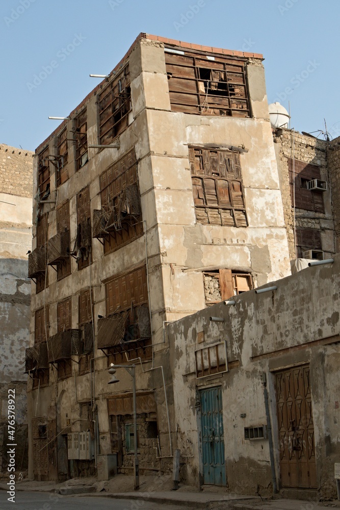 Ruins of houses of the old city of Jeddah, Al Balad. UNESCO world heritage. Saudi Arabia.