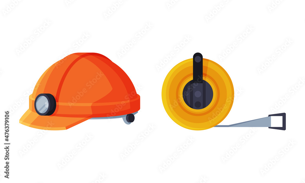 Measure Tape and Hard Hat with Flashlight as Geology Instrument and Tool Vector Set Measure Tape and Hard Hat with Flashlight as Geology Instrument and Tool Vector Set