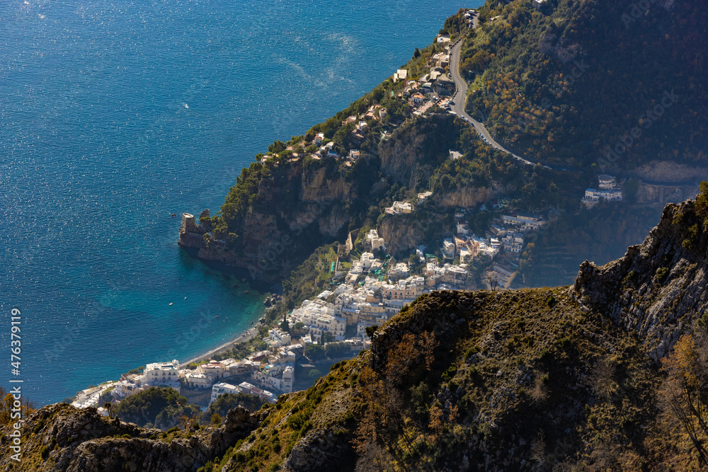 Positano seen from Monte San Michele. Lattari Mountains, Naples, Campania, Italy